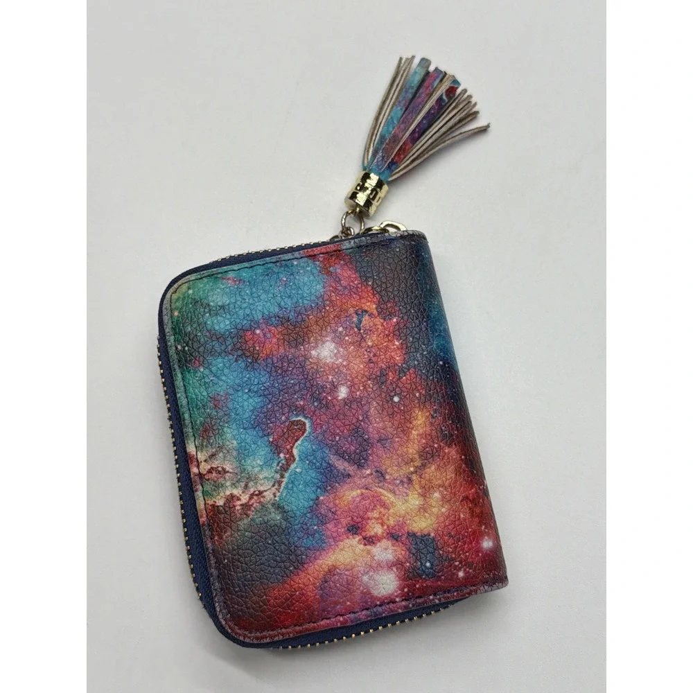 Galaxy Print Zip Around Accordion Card Wallet Nebula Celestial Tassel‎ Pull
